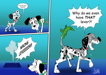 collar dialogue duo feral male parody spots tail text white_body fenris64 101_dalmatian_street 101_dalmatians disney the_emperor's_new_groove dawkins_(101_dalmatians) dylan_(101_dalmatians) alligator alligatorid canid canine canis crocodilian dalmatian domestic_dog mammal reptile scalie absurd_res comic english_text hi_res