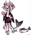 anthro asian_clothing clothing female fish_tail horn kemono narrow_hips simple_background smile solo thin_calves thin_legs thin_thighs weibo_logo white_background zhang_gun weibo felid feline fish hybrid mammal marine