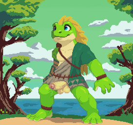 anklet anthro balls belt blonde_hair blue_eyes bodily_fluids bracelet clothing dripping erection feet foreskin genital_fluids genitals green_body green_skin hair humanoid_genitalia humanoid_penis jewelry male membrane_(anatomy) outside parody partially_retracted_foreskin penis precum precum_drip shirt solo toes topwear tunic webbed_feet u4e nintendo tears_of_the_kingdom the_legend_of_zelda amphibian frog absurd_res digital_media_(artwork) hi_res pixel_(artwork)