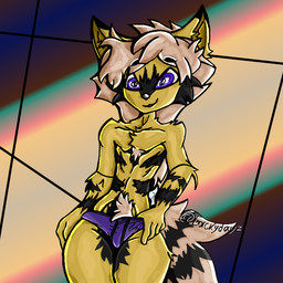 anthro black_body femboy hair male purple_eyes solo white_hair yellow_body lackydayz arthropod bee hymenopteran insect 1:1 hi_res