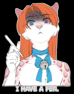 anthro bell bell_collar black_background blue_eyes collar eyebrows femboy fur hair heterochromia looking_at_viewer male markings orange_hair pink_body pink_fur purple_eyes simple_background solo spots spotted_body spotted_fur stylus accelo accelo_(character) felid mammal pantherine snow_leopard