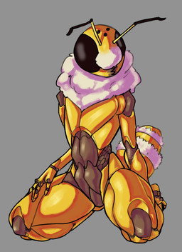 antennae_(anatomy) anthro arthropod_abdomen black_eyes compound_eyes exoskeleton female fur_collar grey_background kneeling mandibles nude ocellis simple_background solo spread_legs spreading yellow_body sun_bug bee_girl_(sun_bug) arthropod bee hymenopteran insect hi_res