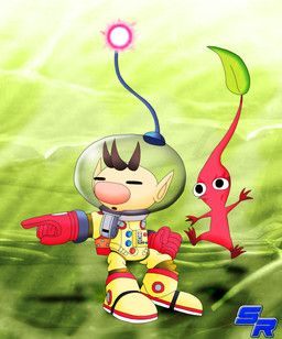 3_fingers 3_toes 5_fingers ambiguous_gender armor backpack beacon_(light) big_nose brown_hair clothing duo feet fingers gesture gloves gradient_background green_background hair hand_gesture handwear headgear helmet leaf leaf_on_head light_bulb male markings plant pointing pointy_ears pointy_nose pose red_body red_clothing red_gloves red_handwear shadow simple_background spacesuit suit toes whistle_(object) yellow_clothing yellow_suit ryoosakuling nintendo pikmin pikmin_(series) olimar alien elemental_creature flora_fauna hocotatian humanoid pikmin_(species) red_pikmin 2021 absurd_res digital_drawing_(artwork) digital_media_(artwork) hi_res
