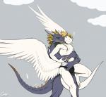 anthro blonde_hair blue_eyes bulge claws clothed clothing duo exclamation_point feathered_wings feathers grabbing_from_behind hair horn hug male male/male muscular muscular_male simple_background tail topless underwear wings cerezo mythology siegfried angel_dragon dragon mythological_creature mythological_scalie scalie hi_res