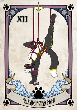 ambiguous_gender anthro ball_gag bdsm black_body black_fur blindfold bondage bound card facial_piercing fur gag major_arcana markings nose_piercing nude piercing restrained_arms restraints rope rope_bondage rope_harness septum_piercing solo tarot tarot_card the_hanged_man_(tarot) upside_down white_body white_fur yellow_markings lleander tau_(sona) gulonine mammal marten mustelid musteline sable_(marten) absurd_res hi_res