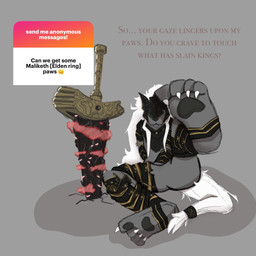 anthro armor claws clothed clothing dominant fantasy feet foot_fetish fur looking_at_viewer male melee_weapon pawpads paws simple_background solo sword tail teasing teeth text toes weapon worship mrpawpaw elden_ring fromsoftware ngl maliketh_(elden_ring) canid canine canis mammal monster wolf 1:1 digital_media_(artwork) english_text hi_res sketch