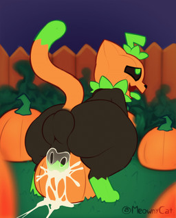 anus backsack balls big_butt black_body blush bodily_fluids bouncing_balls butt cum cum_in_pumpkin cum_inside erection feral food food_fetish food_penetration food_play for_a_head fruit fur genital_fluids genitals improvised_sex_toy male male_feral orgasm penetrating_pumpkin penetration penis perineum plant pumpkin pumpkin_head sex solo tail thick_thighs meowny pumkat domestic_cat elemental_creature felid feline felis flora_fauna food_creature mammal object_head 2025 2d_animation animated digital_media_(artwork)