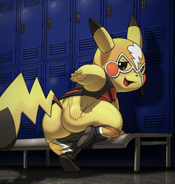bench big_butt black_nose blush butt butt_slap chibi cleft_tail clothed clothing cosplay_pikachu_(costume) female feral footwear locker locker_room looking_back mask motion_lines on_bench open_mouth slap slapping_own_butt slapping_self smile tail lkiws nintendo pokemon cosplay_pikachu_(character) pikachu_libre generation_1_pokemon mammal pikachu pokemon_(species) 2018 hi_res