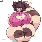 anthro big_breasts black_eyes breasts brown_hair cleavage cleavage_cutout clothed clothing cutout female hair huge_breasts huge_thighs keyhole_clothing looking_at_viewer sitting smile solo sweater thick_thighs topwear omegabrawl nintendo pokemon sly_(sly131o) furret generation_2_pokemon pokemon_(species) 1:1 2023 digital_media_(artwork)