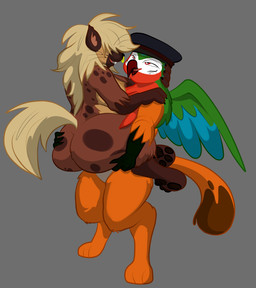 anthro beak big_butt butt claws clothing duo facial_piercing fluffy hair hat headgear headwear holding_another hug long_hair male male/male nose_piercing nose_ring paws piercing ring_piercing simple_background slightly_chubby smile spots standing tail whiskers wide_hips wings heyena villegreen mythology avian gryphon mythological_avian mythological_creature absurd_res hi_res tagme