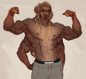 4_arms anthro black_eyes bottomwear brown_body clothed clothing digit_ring dreadlocks finger_ring flexing flexing_bicep flexing_both_biceps front_view jewelry male mandibles multi_arm multi_eye multi_limb muscular muscular_anthro muscular_male navel necklace nipples pants shirtless_anthro shirtless_male solo sweatpants topless topless_anthro topless_male ekzonzz puma_(company) arachnid arthropod spider absurd_res hi_res