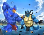 aircraft airplane anthro beak big_bulge blue_body blue_fur bulge city clothing destruction detailed_bulge duo fur genitals green_eyes jet macro male male/male muscular muscular_male nipples non-mammal_nipples pecs red_eyes sea ship speedo spikes spikes_(anatomy) swimwear vehicle water watercraft zupat nintendo pokemon star_fox falco_lombardi avian bird canid canine generation_4_pokemon lucario mammal pokemon_(species) 2023 absurd_res hi_res