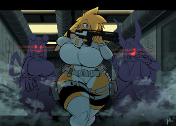 anthro anthro_focus belt big_breasts blonde_hair breasts camel_toe clothed clothed_anthro clothed_female clothing crossgender female fingerless_gloves fur gloves group gun hair handwear holding_gun holding_object holding_ranged_weapon holding_rifle holding_weapon huge_breasts leg_pouch legwear leotard mtf_crossgender multicolored_body multicolored_fur oblivious ranged_weapon rifle smoke thick_thighs thigh_highs trigger_discipline trio two_tone_body two_tone_fur weapon whiskers white_body white_clothing white_fur white_gloves white_handwear white_legwear white_leotard white_thigh_highs wide_hips yellow_body yellow_fur lettuce_(artist) my_hero_academia 0r0 asui_tsuyu rumi_usagiyama animal_humanoid human humanoid lagomorph lagomorph_humanoid leporid leporid_humanoid mammal mammal_humanoid rabbit rabbit_humanoid 2026 absurd_res hi_res
