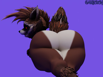 anthro big_butt brown_body brown_fur butt butt_focus fur male nude purple_background red_eyes simple_background smile solo tail camseven guardians_of_the_galaxy marvel marvel_rivals rocket_raccoon mammal procyonid raccoon 3d_(artwork) digital_media_(artwork) hi_res