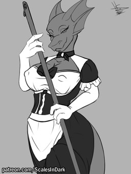 anthro big_breasts bottomwear breasts clothed clothing female furgonomics legwear looking_at_viewer maid_uniform nipple_outline non-mammal_breasts presenting presenting_breasts serving skirt solo stockings tail tail_through_skirt uniform scalesindark rose_(scalesindark) scalie 3:4 digital_media_(artwork) hi_res monochrome sketch