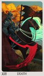 anthro armor black_body black_fur black_nose black_sclera blue_mane bridle card card_template cloud death_(tarot) energy_scythe energy_weapon feral flag flag_(object) fortune_telling fur gloves_(marking) grass green_eyes holding_flag holding_object holding_scythe horse_ride knight knight_armor major_arcana male mane markings melee_weapon outside plant polearm red_body red_fur reins riding roman_numeral saddle scythe sky solo_focus tarot tarot_card text warrior weapon marlon.cores victor_johansen ambient_bird avian bird canid canine equid equine fox horse mammal 2020 english_text hi_res