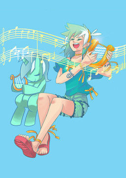accessory alternate_species bare_shoulders blue_hair bottomwear choker clothing duo ear_piercing eyes_closed female footwear g_clef hair hair_accessory hairband horn humanized jewelry lyre multicolored_hair musical_clef musical_instrument musical_note musical_symbol necklace open_mouth piercing plucked_string_instrument ribbons sandals shoes shorts simple_background singing string_instrument symbol toony sapphire1010 friendship_is_magic hasbro my_little_pony mythology lyra_heartstrings_(mlp) equid equine human mammal mythological_creature mythological_equine unicorn