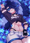 abs black_hair blue_eyes blue_hair blush bottomwear clothing colored_nails female flower hair hand_over_head light_body light_skin nails navel open_mouth plant short_hair shorts smile solo teeth buffpup_(artist) vtuber snuffy animal_humanoid humanoid mammal mammal_humanoid procyonid procyonid_humanoid raccoon_humanoid absurd_res hi_res