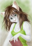 anthro book breasts brown_hair female fur green_eyes hair looking_at_viewer smile solo white_body white_fur nekoart domestic_cat felid feline felis mammal 2009 traditional_media_(artwork)