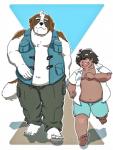 anthro belly bottomwear clothing duo eyes_closed fur kemono male navel overweight overweight_male pants shirt shorts simple_background topwear white_body white_fur rentcg canid canine canis domestic_dog human mammal 2018 hi_res