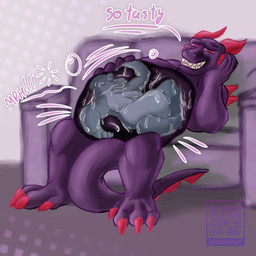anthro anthro_pred bodily_fluids dripping fangs foam goo_drip grin guts horn inside_stomach larger_anthro larger_male larger_pred male male/male male_pred male_prey muffled_sounds muscular muscular_anthro muscular_male organs purple_body purple_flesh purple_insides purple_internal red_eyes saliva saliva_drip saliva_string same_size_vore sharp_teeth size_difference slime smile soft_vore spiked_tail spikes spikes_(anatomy) stomach stomach_acid tail teeth text vore wet willing_pred larrymaxs mythology devourer_(razor_koopa) max_upshur aquatic dragon fish goo_creature goo_dragon mythological_creature mythological_scalie scalie shark 1:1 english_text hi_res