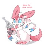 ambiguous_gender dialogue feral gun handgun holding_object open_mouth pink_body pistol ranged_weapon semi-anthro simple_background solo talking_feral text weapon white_background unknown_artist delet_this nintendo pokemon eeveelution generation_6_pokemon pokemon_(species) sylveon 2019 digital_media_(artwork) english_text icon meme reaction_image