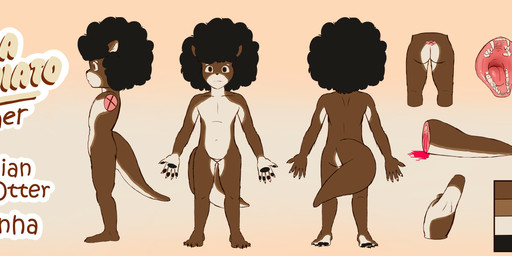 afro anthro belly black_hair black_nose brown_body brown_fur female fur hair open_mouth pawpads solo white_belly white_body white_fur zuea humanoid mammal mustelid otter river_otter absurd_res hi_res model_sheet