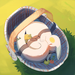 ambiguous_gender basket cheri_berry container curled_up eyes_closed feral food fruit fur grass in_basket lum_berry oran_berry plant pokemon_berry sitrus_berry sleeping solo tail white_body white_fur chufflepop nintendo pokemon generation_4_pokemon mammal pachirisu pokemon_(species) rodent sciurid 2025 hi_res