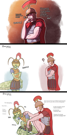 3_panel_comic ancient_rome armor arthropod_abdomen blue_clothing blue_shirt blue_topwear bodily_fluids bottomwear brown_hair clothed clothing comforting crouching crying dialogue duo female footwear fully_clothed green_body hair headgear helmet kneeling laugh looking_at_viewer male male/female mocking onomatopoeia question_mark red_clothing red_shirt red_topwear roman sandals scar shirt shoes short_hair simple_background skirt sniffling sound_effects standing tears text topwear warjenkins animal_humanoid arthropod arthropod_humanoid human humanoid insect insect_humanoid mammal mantis mantis_humanoid 2025 absurd_res comic digital_media_(artwork) english_text hi_res signature