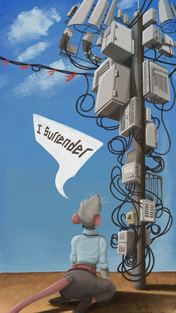 anthro bottomwear clothed clothing female fur kneeling outside shirt skirt sky snout solo speech_bubble tail text topwear utility_pole whiskers gompami mammal mouse murid murine rat rodent 2025 9:16 absurd_res english_text hi_res painting_(artwork) traditional_media_(artwork) traditional_painting_(artwork)