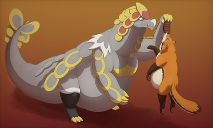 belly big_belly brown_body brown_fur duo female feral fur grey_body huge_belly male morbidly_obese morbidly_obese_feral obese obese_feral orange_body orange_fur overweight overweight_feral pawpads simple_background size_difference tail thick_tail thick_thighs white_body white_fur white-dragon nintendo pokemon melia_(whitedragoncito) canid canine fox generation_7_pokemon kommo-o mammal pokemon_(species) 2026 5:3 absurd_res cel_shading hi_res shaded signature