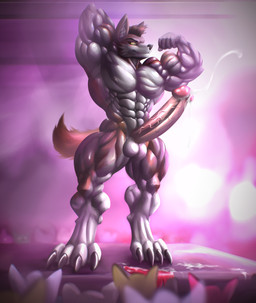 abs anthro big_muscles big_penis blush bodily_fluids claws clenched_teeth clothed clothing cum digitigrade ejaculation erection flexing flexing_bicep genital_fluids genitals huge_muscles inner_ear_fluff long_penis looking_at_viewer male multicolored_body muscular muscular_anthro muscular_male nipples penis pose solo stage teeth torn_clothing tuft two_tone_body vein veiny_penis rizzyofen demowolf canid canine canis mammal wolf absurd_res hi_res