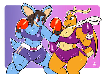 abs anthro big_breasts boxing boxing_gloves boxing_shorts bra breasts clothing duo eyeliner female female/female female_anthro handwear makeup scarf sport sports_bra underwear wings the_k9_empire vulpinecrew nintendo pokemon dragonite generation_1_pokemon nidoqueen pokemon_(species) absurd_res hi_res watermark