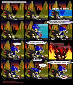 anthro black_body black_fur blue_body blue_fur city dialogue driving fur male motorcycle road running straddling text vehicle nomad-the-hedgehog sega sonic_the_hedgehog_(series) shadow_the_hedgehog sonic_the_hedgehog eulipotyphlan hedgehog mammal 2006 comic english_text