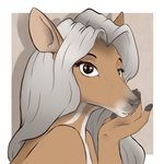 anthro big_eyes brown_body brown_fur female fingers fur grey_hair hair hooved_fingers hooves looking_at_viewer open_mouth solo dunnowhattowrite chevrotain mammal 1:1 hi_res