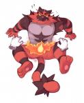 2016 3_toes 5_fingers ambiguous_gender anthro barefoot claws disembodied_hand duo fangs feet fingers fire fur generation_7_pokemon incineroar lowerkuo male nintendo pokemon pokemon_(species) question_mark red_body red_fur simple_background sitting solo_focus teeth toes white_background