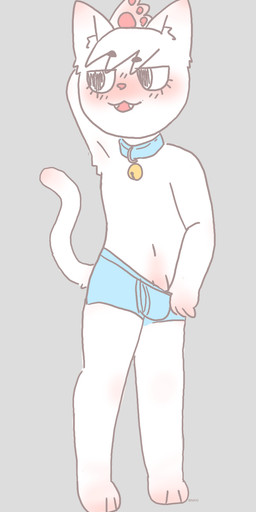 anthro barely_visible_genitalia barely_visible_penis blue_briefs blue_clothing blue_collar blue_underwear blush briefs briefs_pull clothing collar fur genitals grey_background male penis simple_background solo underwear white_body white_fur bravobunny domestic_cat felid feline felis mammal full-length_portrait hi_res portrait