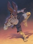 anthro brown_body brown_eyes brown_fur clothed clothing cybernetic_leg cybernetic_limb fur male raised_leg solo topless kyander lagomorph leporid mammal rabbit