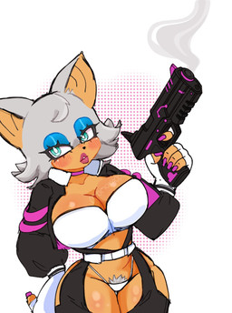 anthro big_breasts breasts choker cleavage clothed clothing colored_nails crop_top eyeshadow female fingerless_gloves fur gloves green_eyes gun handgun handwear jacket jewelry lipstick makeup nails necklace pubes ranged_weapon shirt solo tan_body tan_skin thong topwear underwear weapon white_body white_fur momokaos sega sonic_the_hedgehog_(series) rouge_the_bat bat mammal hi_res