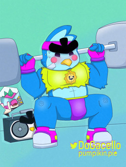 athletic_wear barbell beak blue_body blue_feathers blue_fur bodily_fluids boombox clothing exercise eyelashes feathers footwear fur g-string gym male muscular purple_clothing shoes simple_background sneakers solo standing sweat sweatdrop underwear weightlifting workout yellow_beak dogacello brawl_stars supercell_(company) buzz_(brawl_stars) mr.p_(brawl_stars) avian bird dinosaur penguin prehistoric_species reptile scalie 3:4 hi_res signature