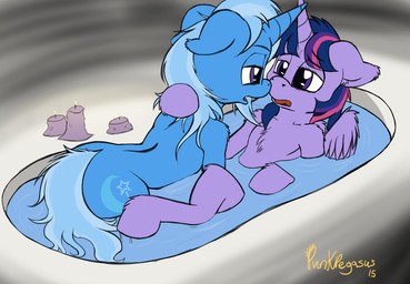 bath bodily_fluids duo eye_contact feathered_wings feathers female female/female feral fur hair horn looking_at_another multicolored_hair purple_body purple_fur purple_hair saliva saliva_string two_tone_hair water wet wings punkpega friendship_is_magic hasbro my_little_pony mythology trixie_(mlp) twilight_sparkle_(mlp) equid equine mammal mythological_creature mythological_equine unicorn winged_unicorn 2015