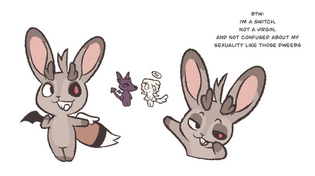 anthro brown_body brown_fur dialogue fur gesture group hand_gesture horn male pointing tan_body tan_fur text trio wings clockstops3am conditional_dnp royal_lingerie angel canid canine demon lagomorph mammal wolpertinger english_text