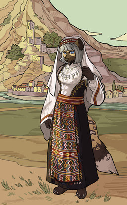 1700s anthro black_clothing blue_eyes brown_body brown_fur city city_background claws clothed clothed_anthro clothed_female clothing cloud detailed_background dress feet female folk_clothes fortress fur grass headdress headgear headwear hindpaw holding_clothing holding_headgear holding_headwear holding_object jewelry light looking_at_viewer markings mountain multicolored_body pattern_clothing paws plant river sky solo spots spotted_markings spotted_tail tail tail_markings tan_body tan_fur toe_claws two_tone_body white_body white_claws white_clothing white_fur toffee_32 veronica_(azimuthium) african_wild_dog canid canine mammal 2026 absurd_res digital_drawing_(artwork) digital_media_(artwork) hi_res lighting shaded