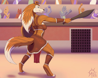 accessory anthro armor audience bikini_armor bottomwear clothing countershading exposure_variation female gladiator group headband jewelry melee_weapon necklace rear_view shield skirt solo sword unconvincing_armor warrior weapon sacrificabominat road_rovers colleen_(road_rovers) canid canine canis domestic_dog husky mammal nordic_sled_dog spitz absurd_res hi_res