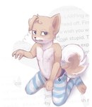 anthro clothed clothing crossdressing femboy fingers floppy_ears fur grimace havke_persimmon head_tuft hexagram legwear looking_at_viewer male nipples partially_clothed pejos religion simple_background sitting solo symbol tail tan_body tan_fur teeth text thigh_highs tuft white_background toncomtoncosh judaism canaan_dog canid canine canis domestic_dog mammal primitive_dog shiba_inu spitz digital_media_(artwork) english_text