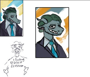 accessory clothing ears_down feathers green_body green_feathers grin horn kryshtir_(adamwhite) male necktie pivoted_ears profanity smile solo suit text xavier_nhelsky_(adamwhite) adamwhite disco_elysium animal_humanoid humanoid scalie 2023 english_text redraw