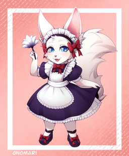 ambiguous_gender anthro biped black_clothing black_dress blue_eyes blush cheek_tuft chibi clothed clothing dress eyelashes facial_tuft fluffy fluffy_tail fur looking_at_viewer maid_apron maid_headdress maid_uniform simple_background solo tail tuft uniform white_body white_fur young young_anthro onomari navi_(yume_100) domestic_cat felid feline felis mammal digital_media_(artwork) hi_res shaded