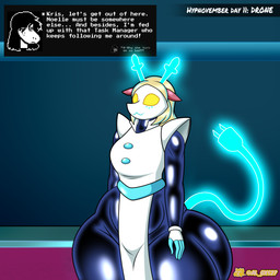anthro antlers assimilation big_breasts big_butt black_bodysuit black_clothing black_latex black_skinsuit blue_tail bodysuit bottom_heavy breasts bubble_butt butt clothed clothing dialogue drone dronification duo empty_eyes female front_view hair horn hypnosis latex latex_bodysuit latex_clothing latex_skinsuit machine mask mind_control multicolored_body robotization simple_background skinsuit smile standing tail text text_box thick_thighs tight_clothing topwear transformation wearing_mask white_clothing wide_hips yellow_eyes al_gx deltarune undertale_(series) noelle_holiday rookie_(deltarune) susie_(deltarune) tasque_manager deer mammal robot robot_anthro 1:1 2025 comic english_text hi_res