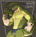 2021 abs anthro barazoku biceps biped bulge cel_shading character_name claws clothing countershading crocodile crocodilian crocodylid dc_comics digital_media_(artwork) finger_claws green_body green_scales grey_background hand_wraps hi_res jrjresq killer_croc looking_at_viewer male multicolored_body muscular muscular_anthro muscular_male obliques open_mouth pecs pinup portrait pose quads raised_tail reptile scales scalie shaded sharp_teeth simple_background smile solo standing tail teeth thong three-quarter_portrait tongue triceps two_tone_body underwear wraps yellow_sclera