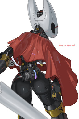 anthro black_body butt cloak cloak_only clothing female looking_at_viewer looking_back machine markings melee_weapon rear_view simple_background solo text warning_symbol weapon white_background winch_(object) xezeno hollow_knight_(franchise) team_cherry hornet_(hollow_knight) arthropod insect robot robot_anthro artist_name english_text hi_res